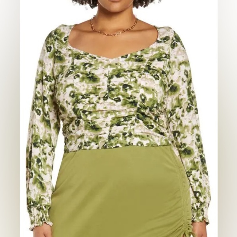NEW Open Edit Green‎ Print Tie-Dye Cropped Smocked Long Sleeve Top